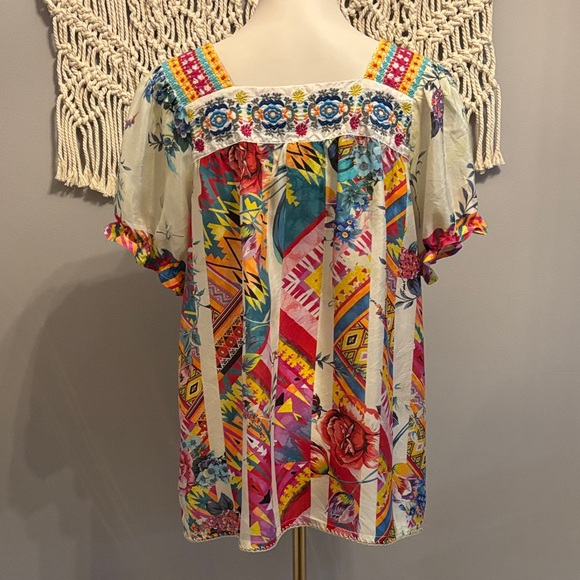 Johnny Was Multicolor Floral and Geometric Blouse - Picture 3 of 5